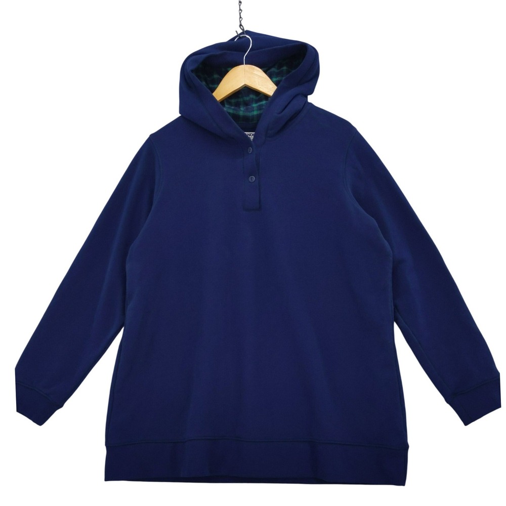 Lands End Hoodie Women 1X Blue Serious Sweats Henley Plaid Lined Hood